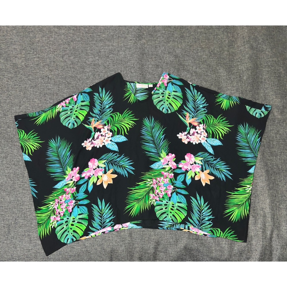Belle by Kim Gravel Women's Medium Poncho Top Tropical Floral Palm Leaf Black